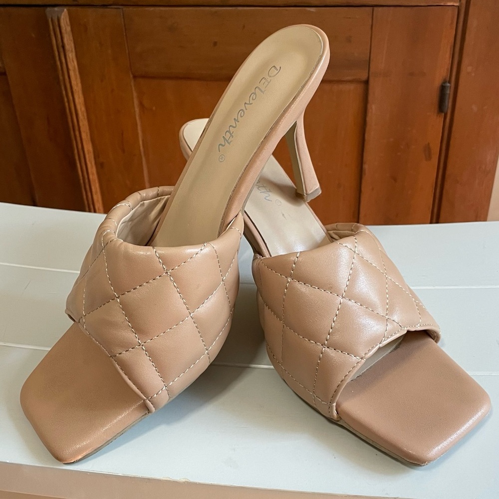 DEleventh Square Open Toe Leather Quilted Mules Heels